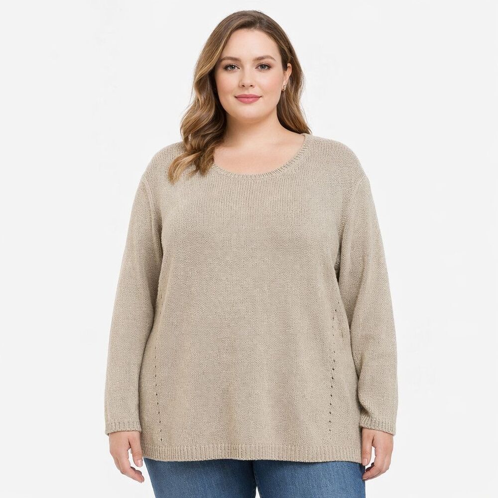 J Jill Sweater Womens 1X Beige 100% Cotton Knit Crew Neck Pullover Long Sleeve